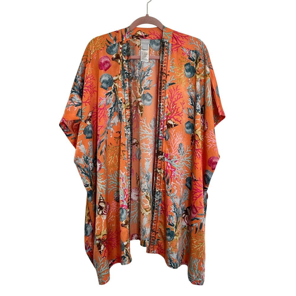 Chico's Beaded‎ Kimono Wrap Size L/XL Orange Blue Seashell Coral Print Tropical